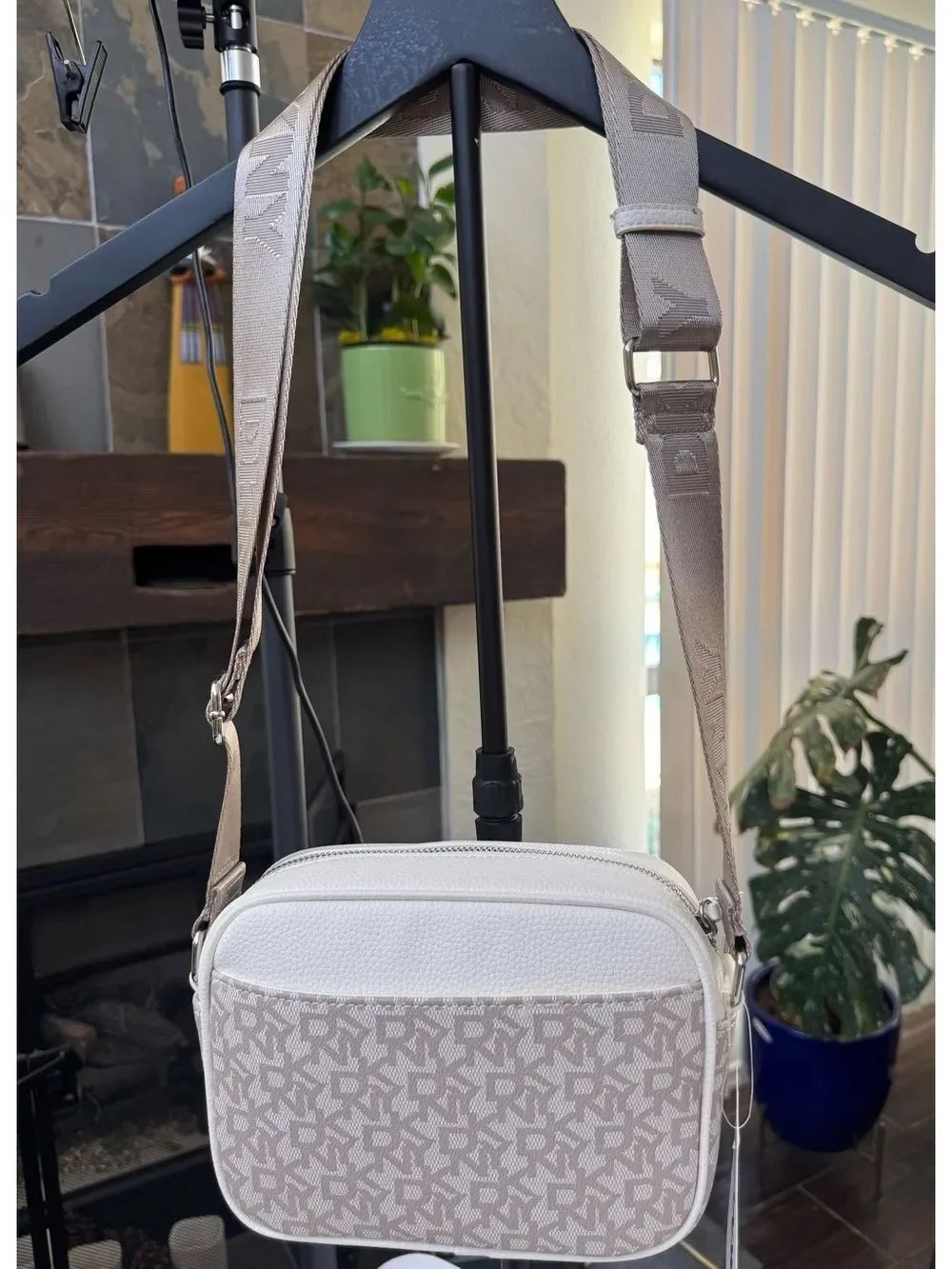 DKNY Elissa Logo Print Crossbody Bag White Tan Neutral Canvas Camera Handbag